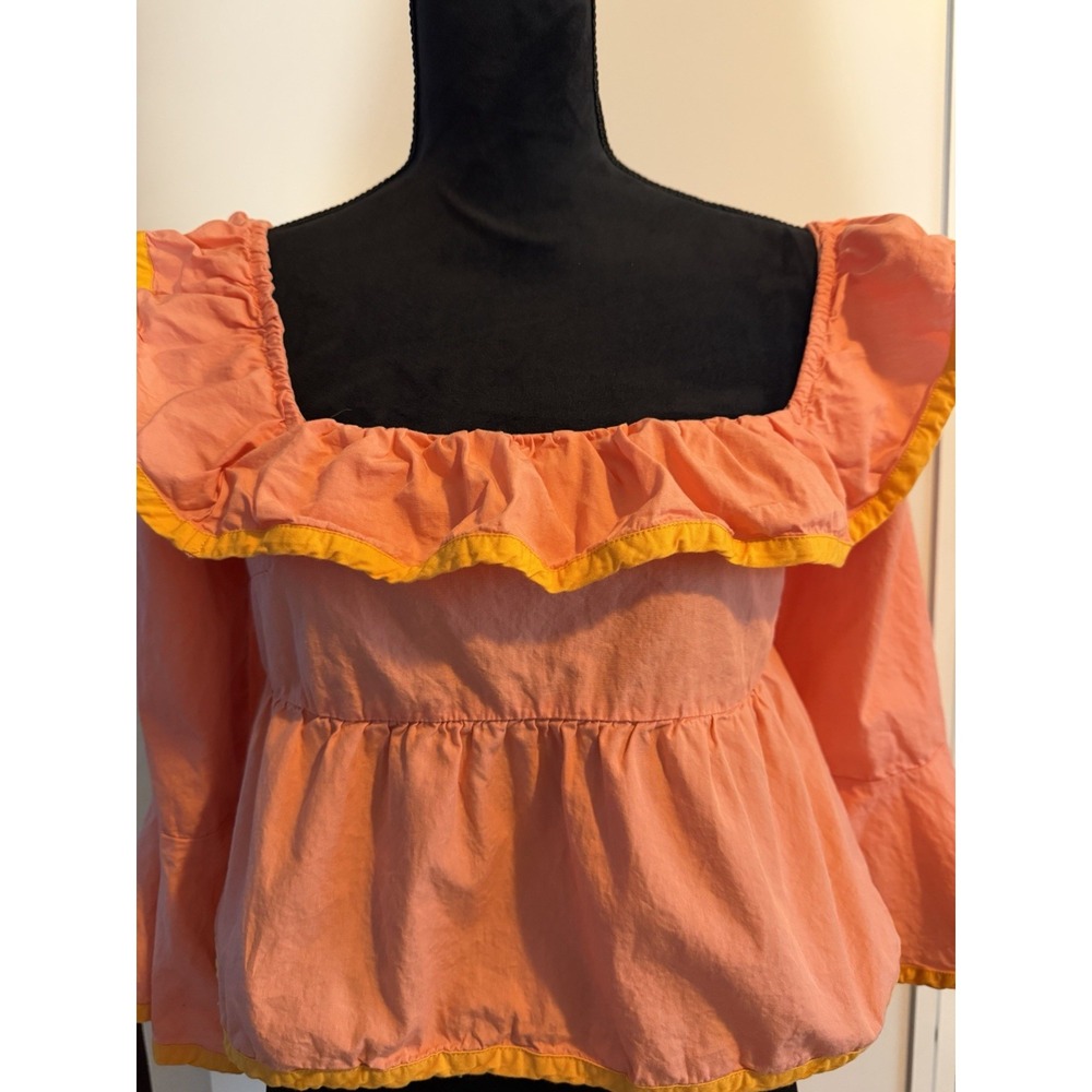 Maeve by Anthropologie Pink Ruffle Square Neck Tie Back 3/4 Sleeve Blouse S - Picture 5 of 11